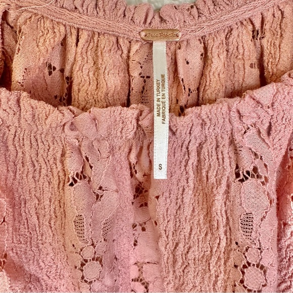 NEW Free People Stacey Lace Blush Tint Puff Sleeve Top Blouse Cropped Flowy - Picture 6 of 11